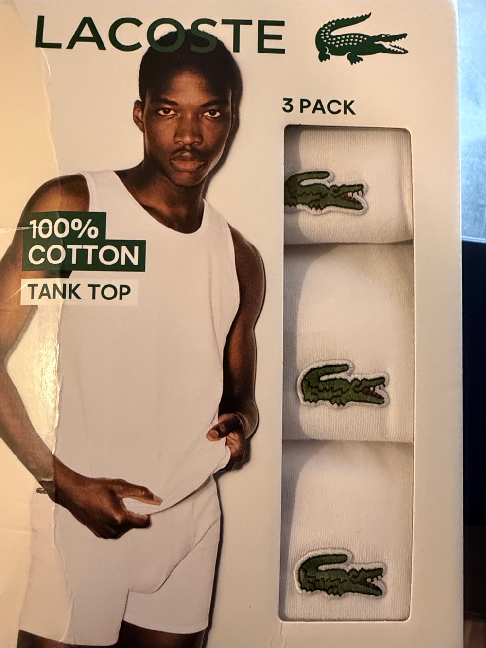 Lacoste White 3-Pack Cotton Tank Tops with Green Crocodile Logo